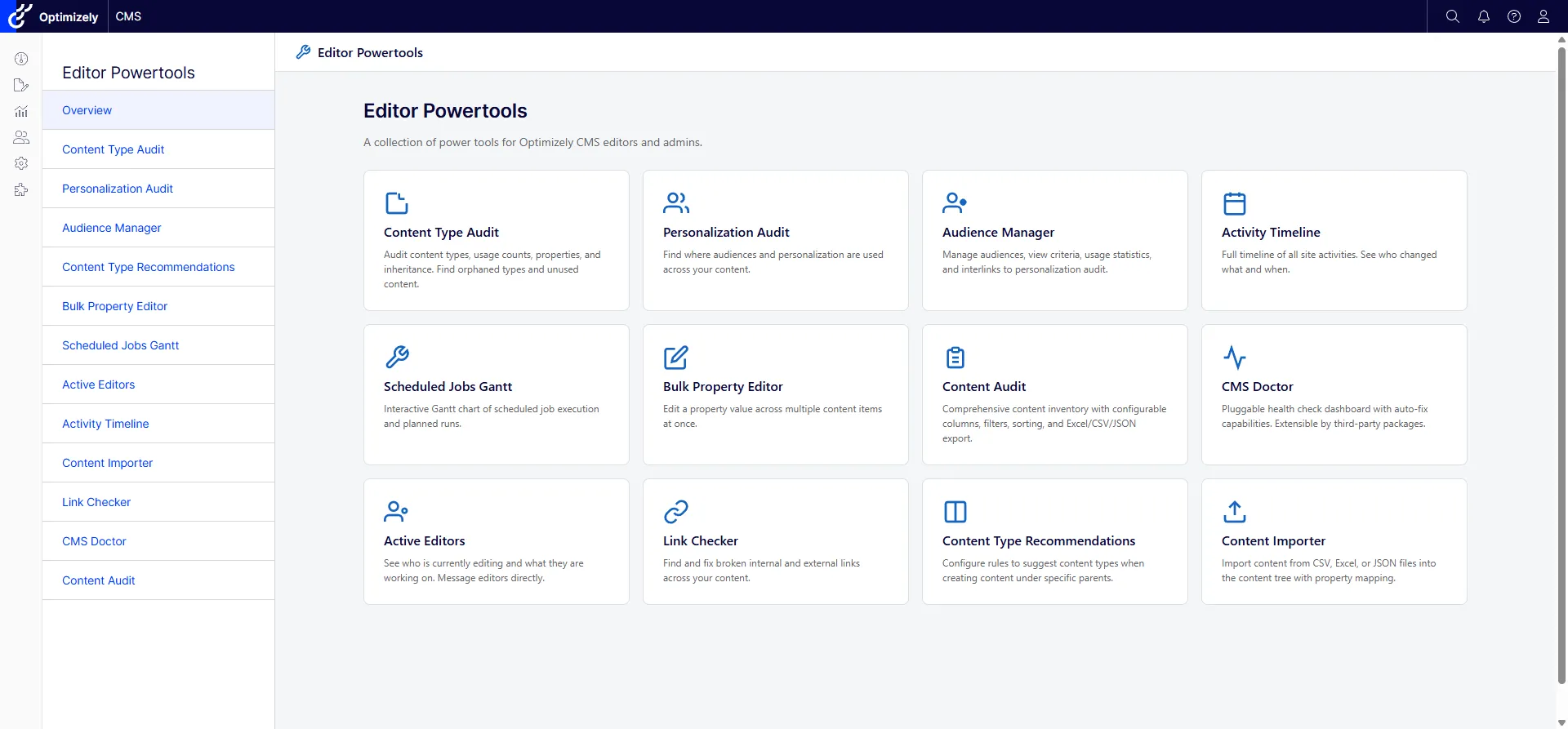 The Editor Power Tools dashboard, showing tool cards grouped by category inside the Optimizely CMS shell.
