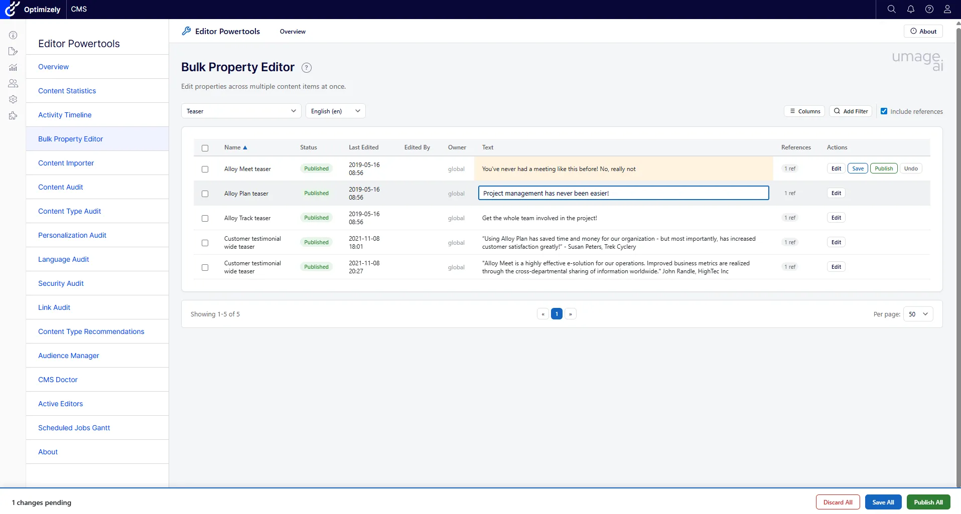 Bulk Property Editor with hundreds of content items in a filterable grid, inline-editable property cells, and a bulk save and publish toolbar.