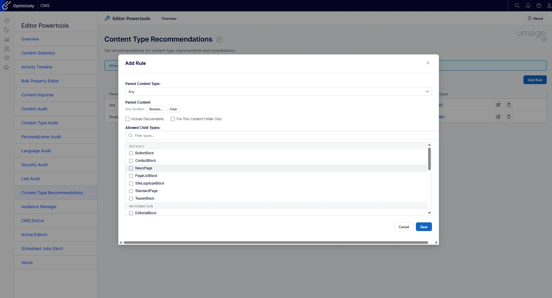 The Content Type Recommendations admin UI with the Add Rule dialog open — selecting a parent content type and the child types allowed underneath it.