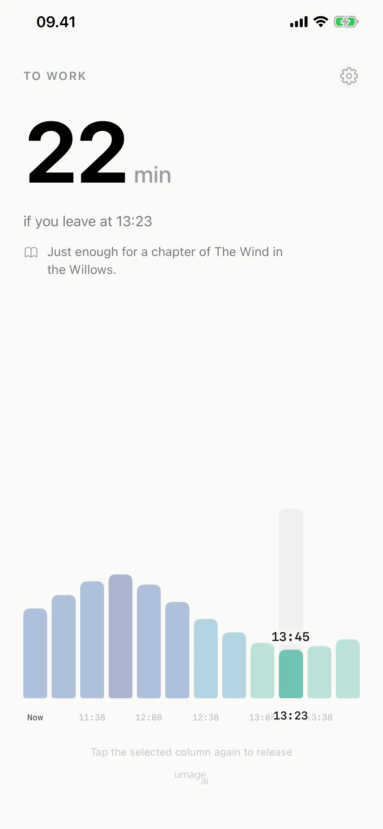 Pendul with a column selected, showing a 22-minute drive if you leave at 13:23 and the arrival time on the chosen bar.
