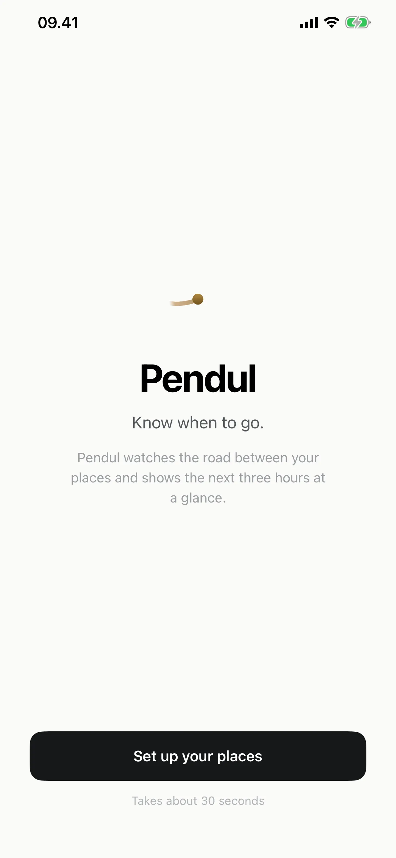 Pendul welcome screen with the gold pendulum mark, the tagline “Know when to go”, and a “Set up your places” button.